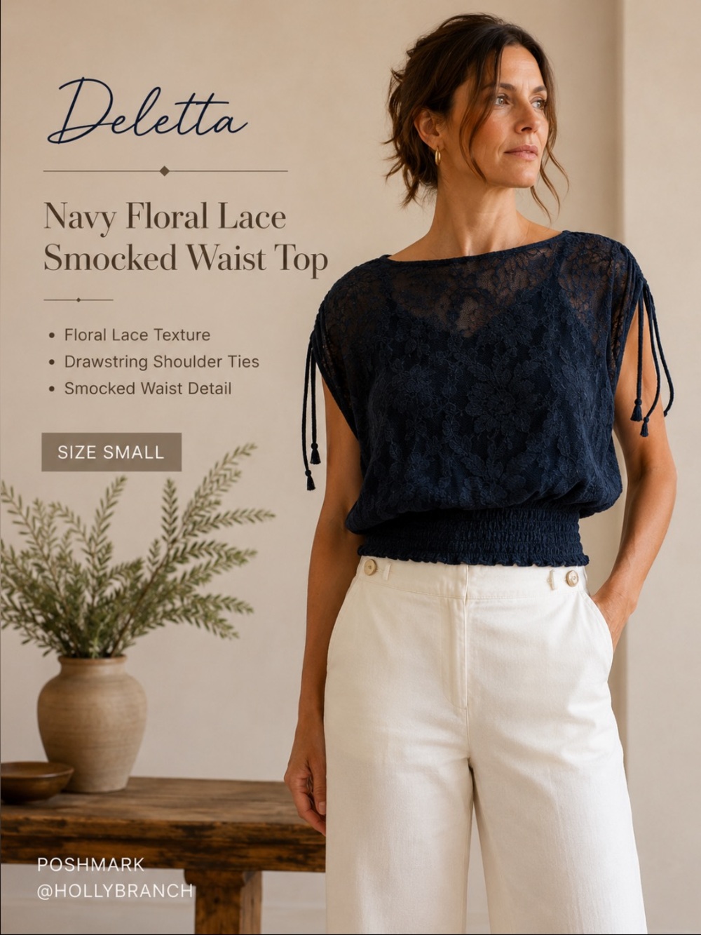 Anthropologie Deletta Navy Floral Lace Smocked Top | S